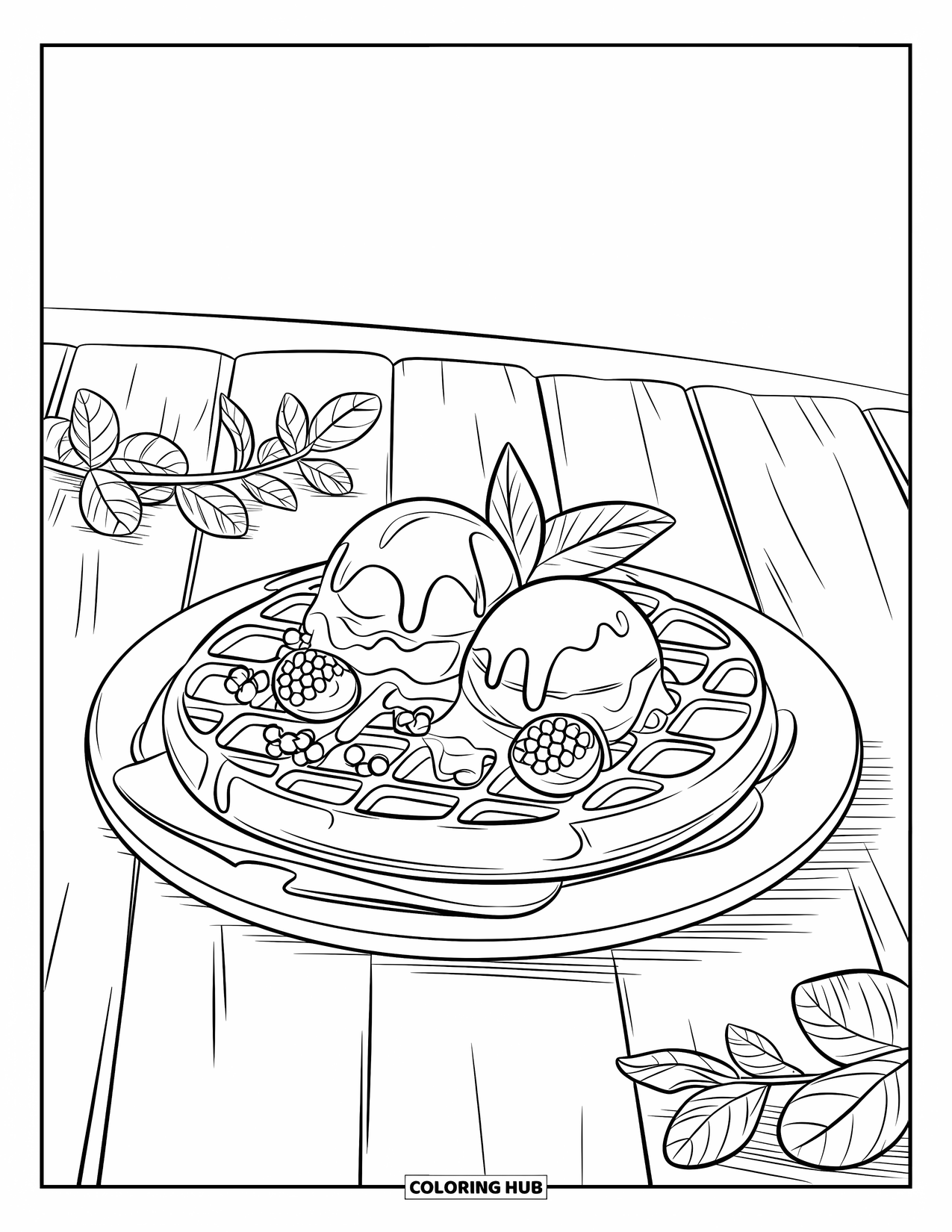 Disegno da colorare di un dessert per bambini: Waffle conditi con sciroppo e frutta poggiano accanto a foglie di menta su un tavolo di legno