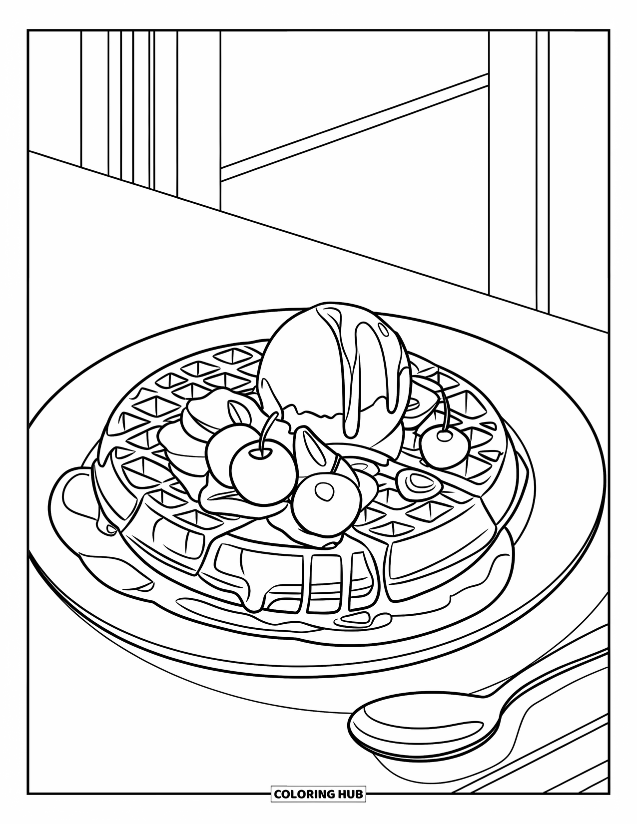 Disegno da colorare di un dessert per bambini: Waffle con gelato, sciroppo e frutta sono impiattati con un cucchiaio nelle vicinanze