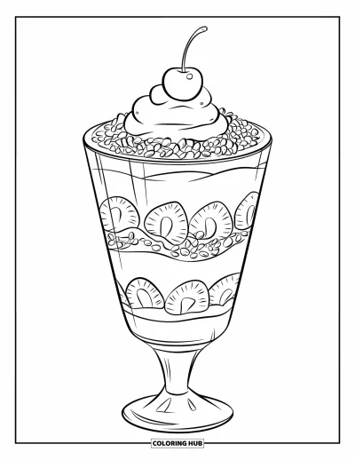 Coloriage de desserts pour enfants : De la crème chantilly et une cerise surmontent un parfait aux fraises dans un grand verre