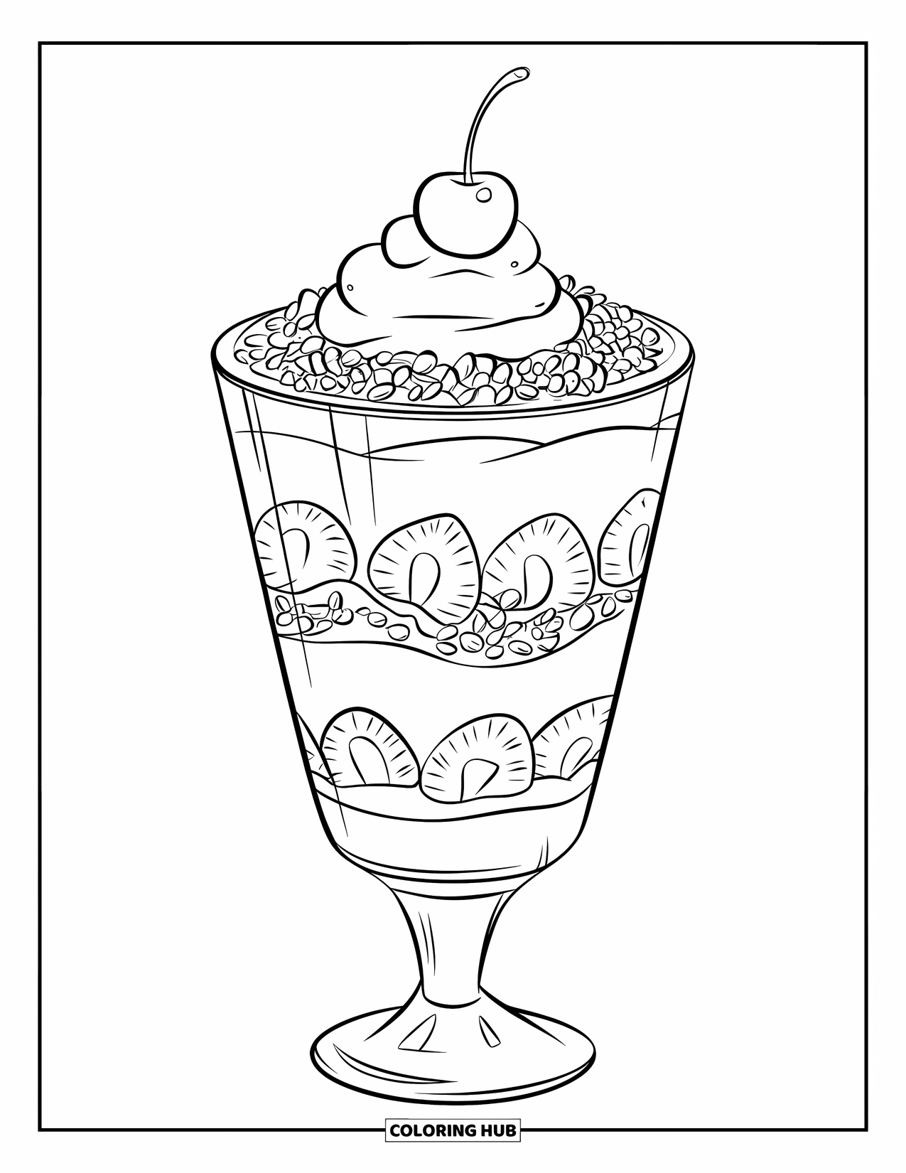 Disegno da colorare di un dessert per bambini: Panna montata e una ciliegia guarniscono un parfait alla fragola in un bicchiere alto