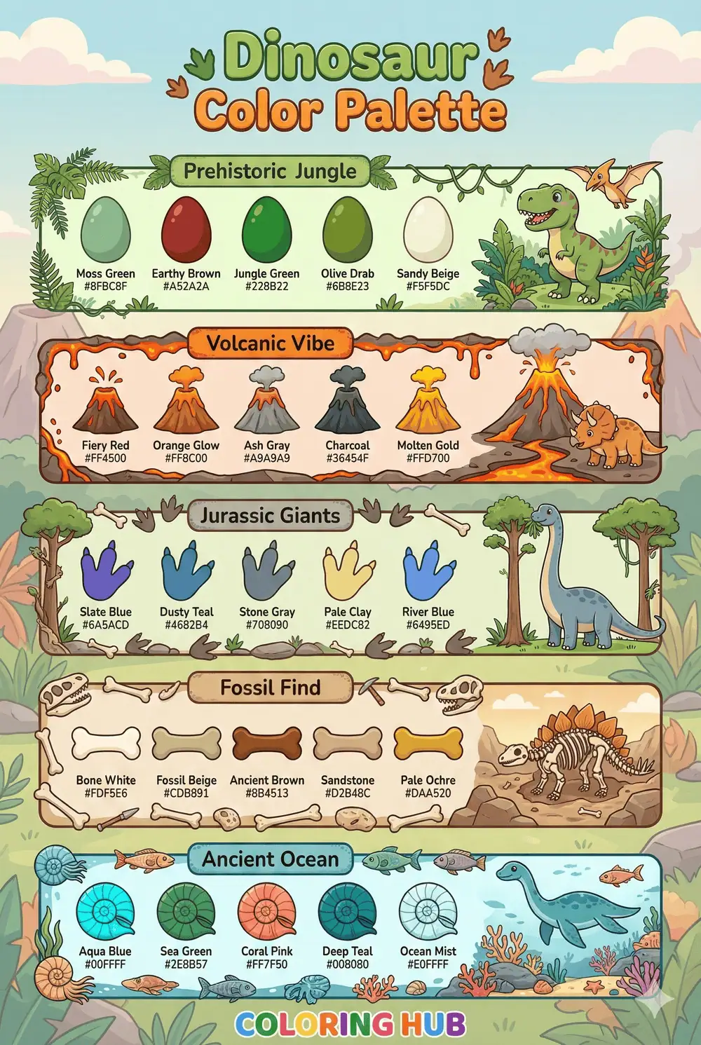 Dinosaur Coloring Page Color Palettes