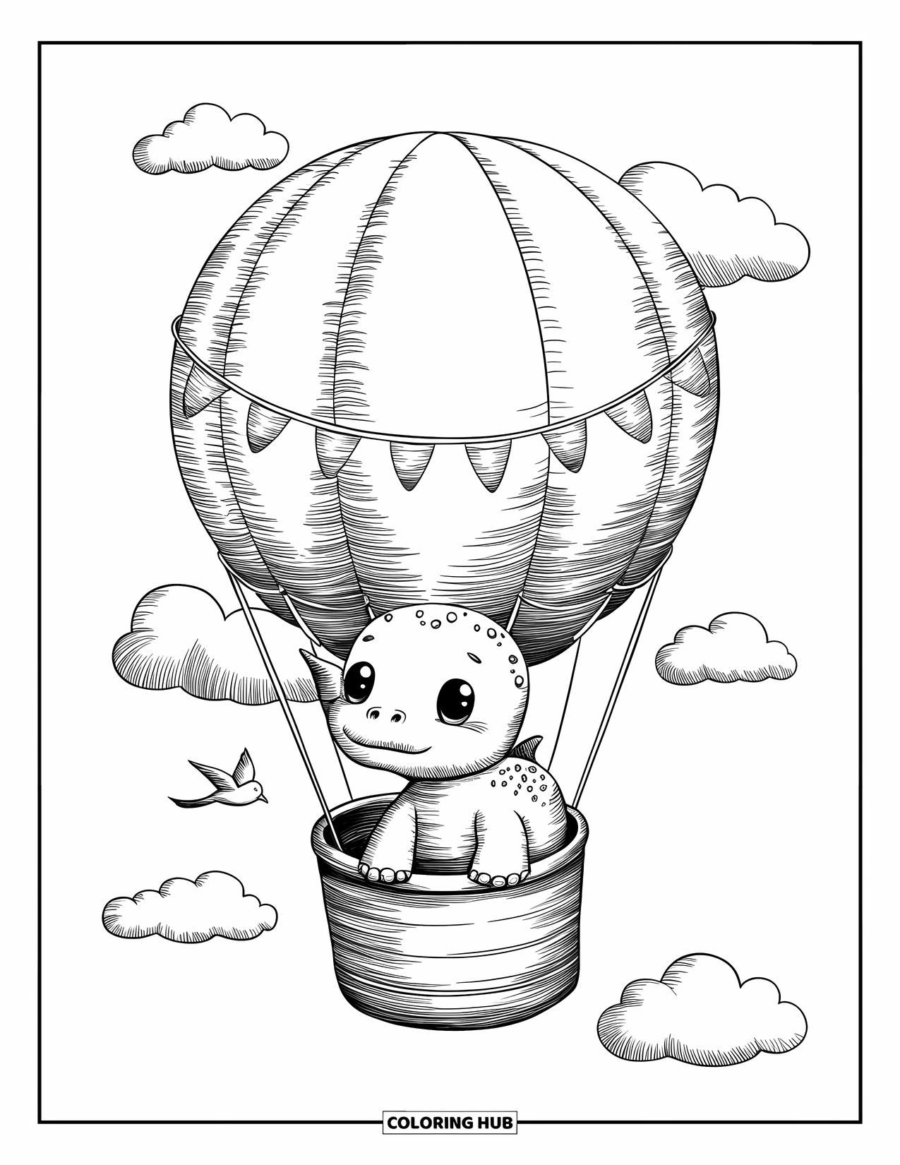 Dinosaur Kleurplaat voor Volwassenen: Een baby Brachiosaurus lacht vanuit een luchtballon met een vlaggenbanner