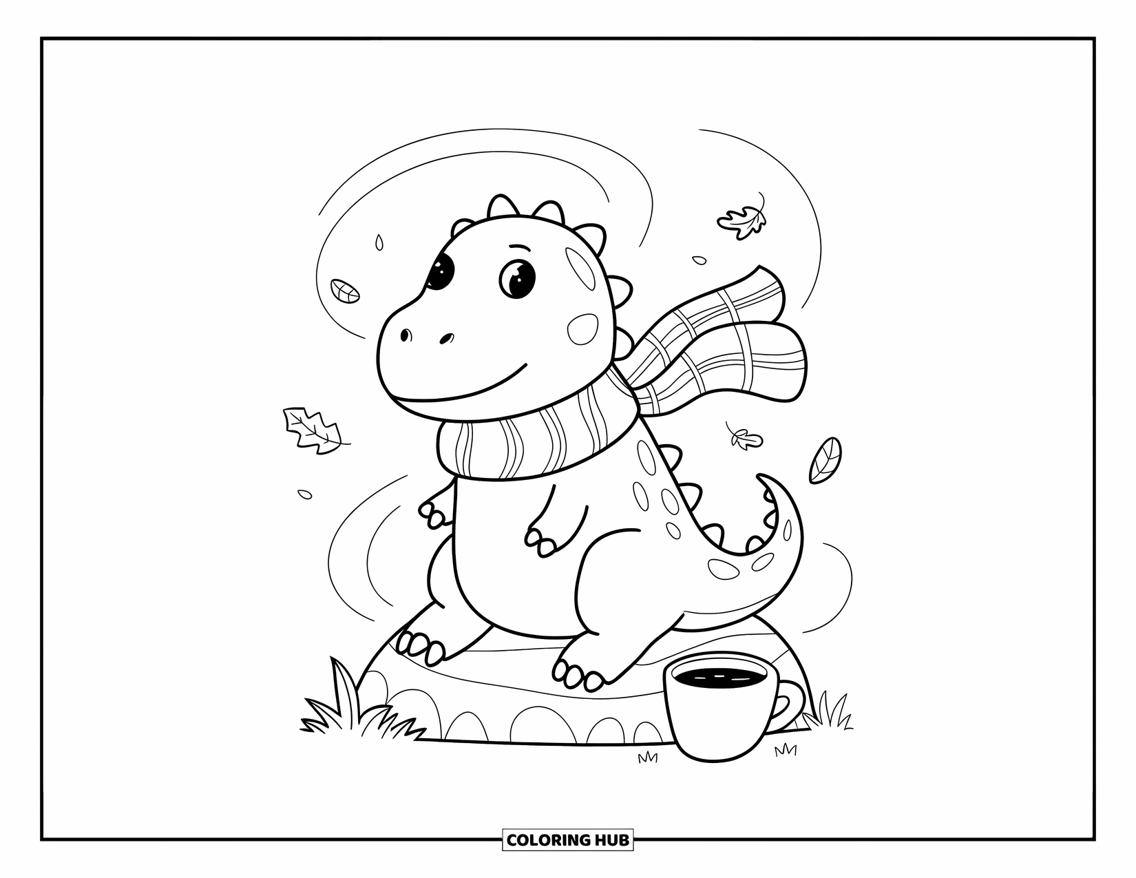 Dinosaur Kleurplaat voor Volwassenen: Een gezellige dino met een sjaal en cacao zit tussen dwarrelende herfstbladeren