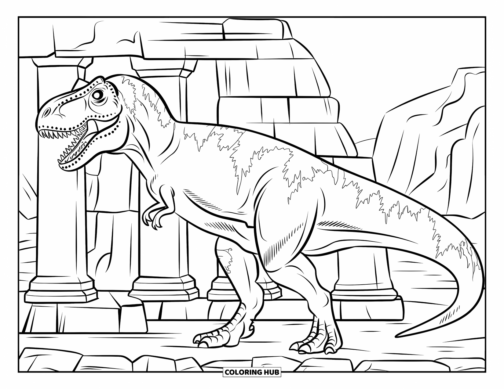 Dinosaurus Kleurplaat voor Volwassenen: Een gebarsten en bemoste T-Rex staat bij een oude tempelruïne