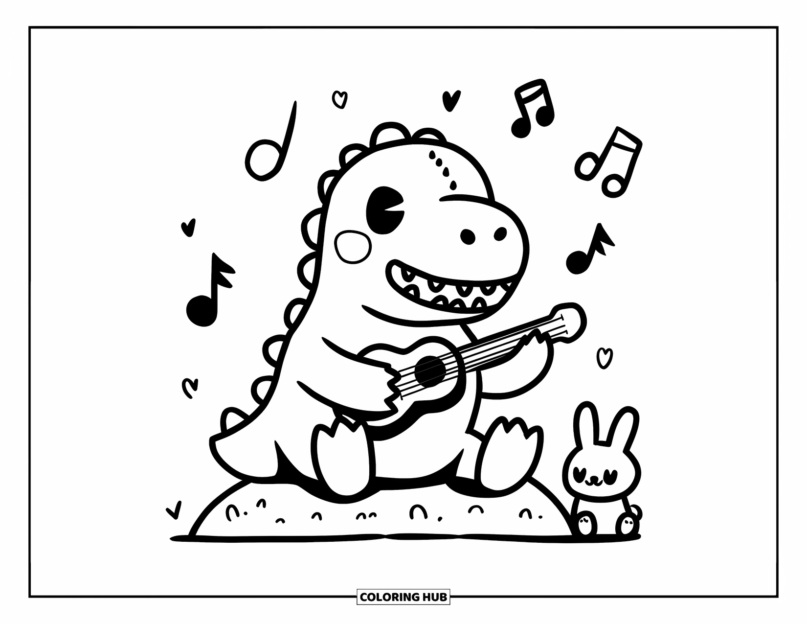 Dinosaur Kleurplaat voor Volwassenen: Een schattige dino speelt ukelele op een rots terwijl een konijntje in de buurt luistert