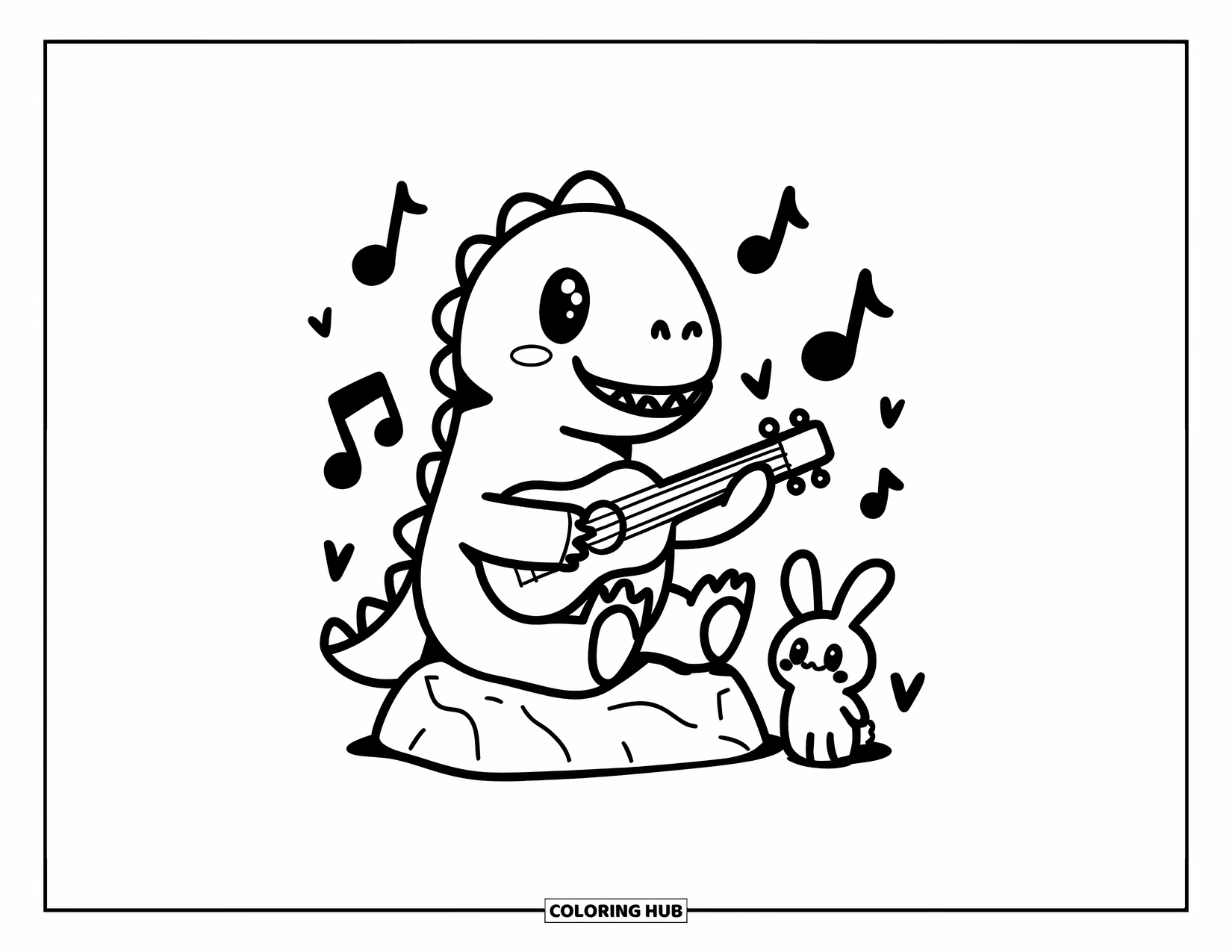 Dinosaur Kleurplaat voor Volwassenen: Een dino tokkelt vrolijk op een ukelele met een konijntje dichtbij