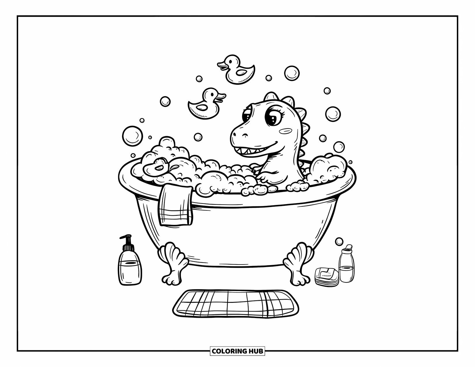 Dinosaur Kleurplaat voor Volwassenen: Een dino in een bad vol bubbels heeft een handdoek om zijn hoofd gewikkeld