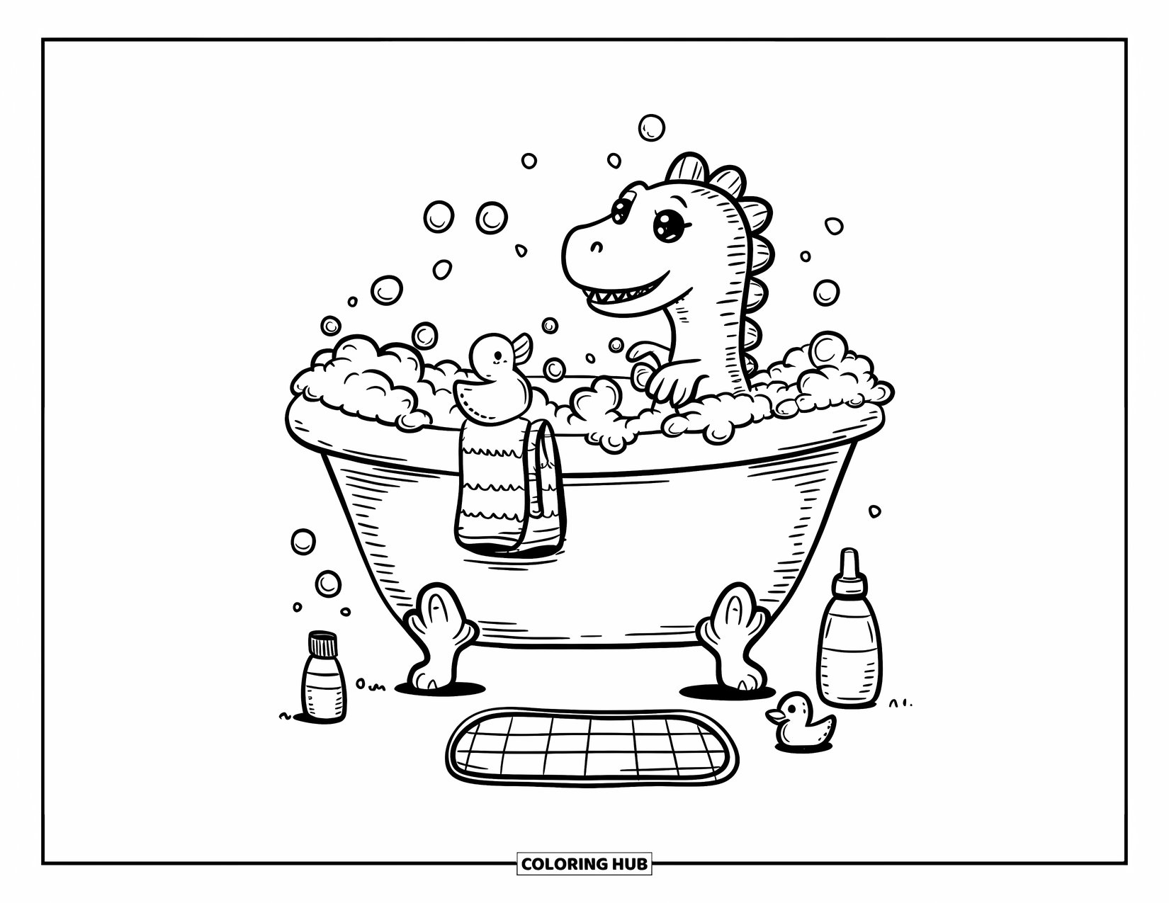 Dinosaur Kleurplaat voor Volwassenen: Een dino in een bubbelbad heeft een handdoek op zijn hoofd en eendjes eromheen