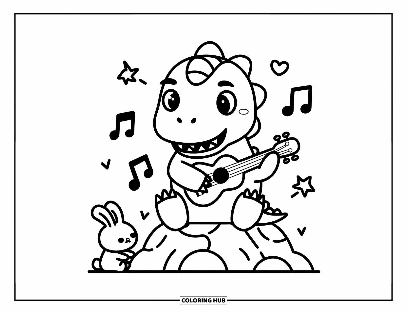 Dinosaur Kleurplaat voor Volwassenen: Een dino met een glimlach speelt ukelele terwijl een konijntje luistert