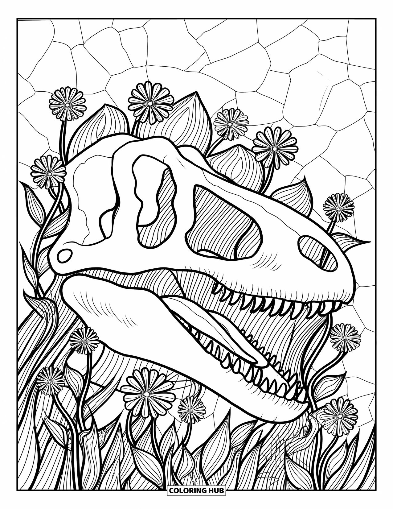 Dinosaur Kleurplaat voor Volwassenen: Een dinosaurus schedel omringd door bloeiende bloemen en ingewikkelde patronen