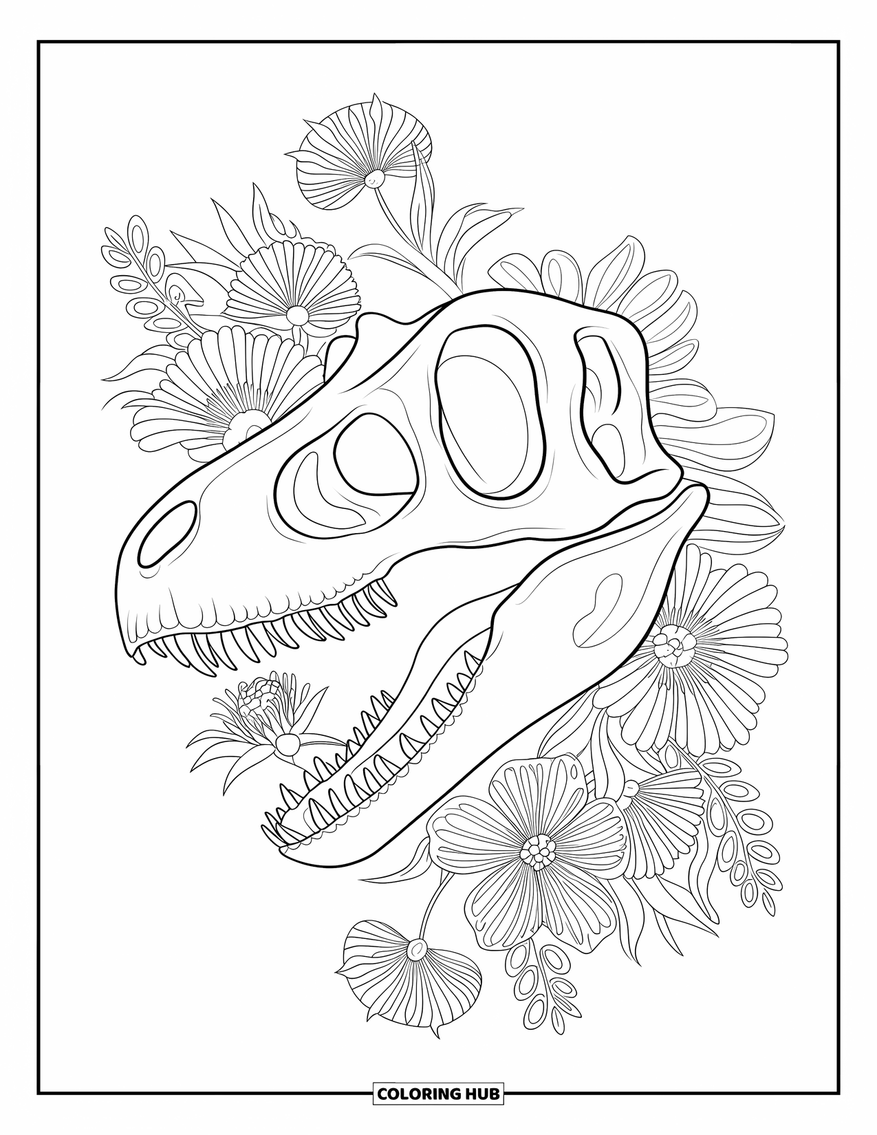 Dinosaur Kleurplaat voor Volwassenen: Een dinosaurus schedel met bloemen balanceert prehistorische en botanische elementen