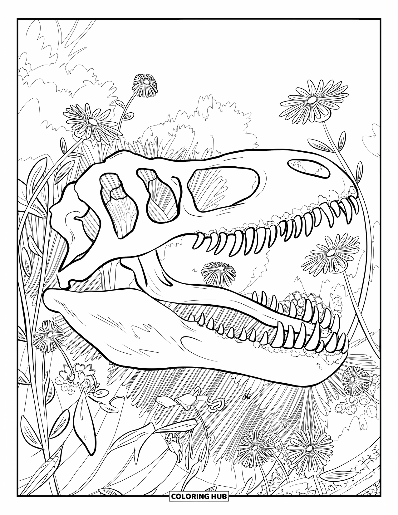 Dinosaur Kleurplaat voor Volwassenen: Een dinosaurus schedel met bloemen zit in een weelderige, overwoekerde scène
