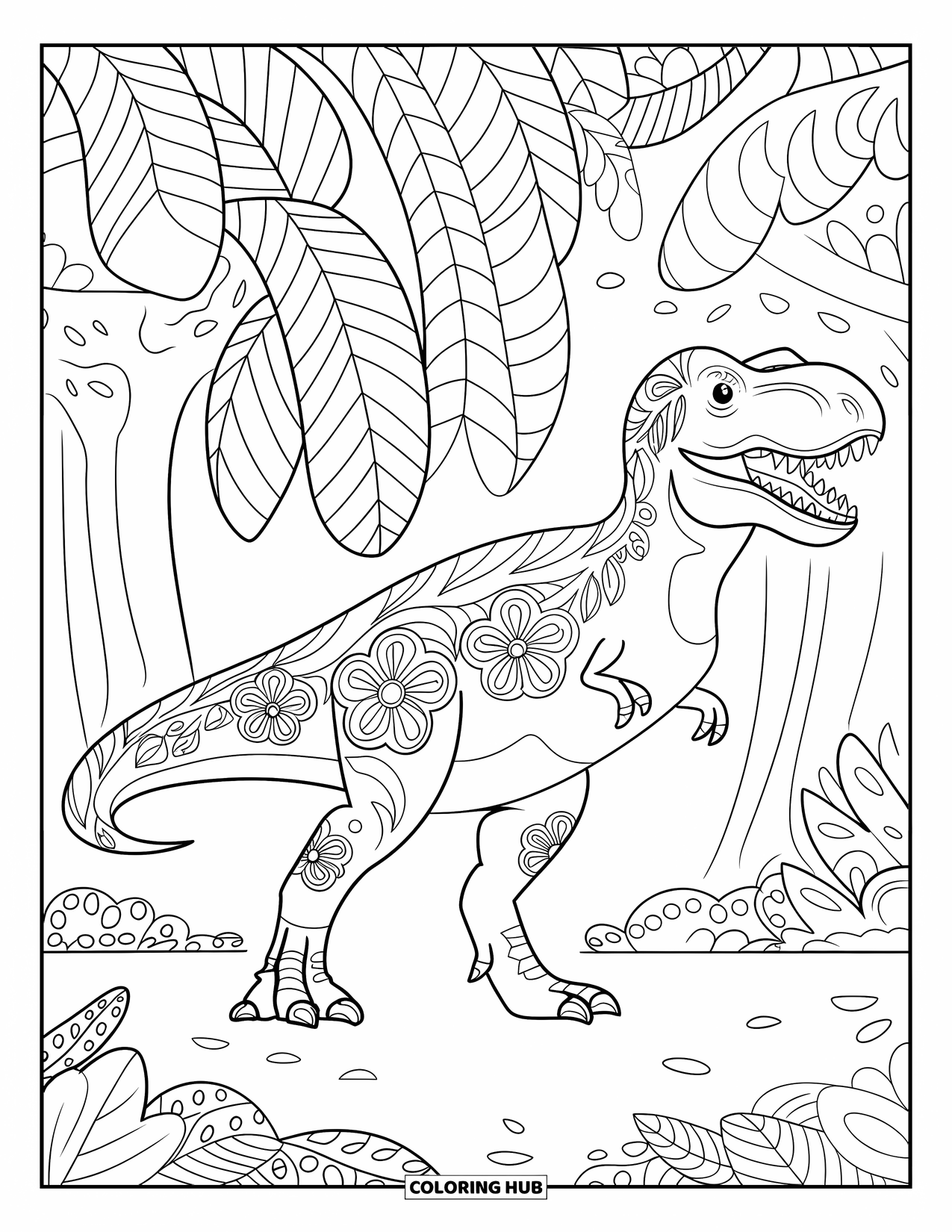 Dinosaur Kleurplaat voor Volwassenen: Een T-Rex met een bloemenpatroon staat tussen grote varens en planten