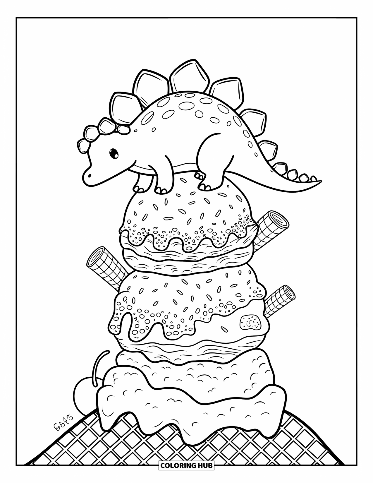 Dinosaur Kleurplaat voor Volwassenen: Een vrolijke dino beklimt ijsbolletjes met spikkels en een kers erop