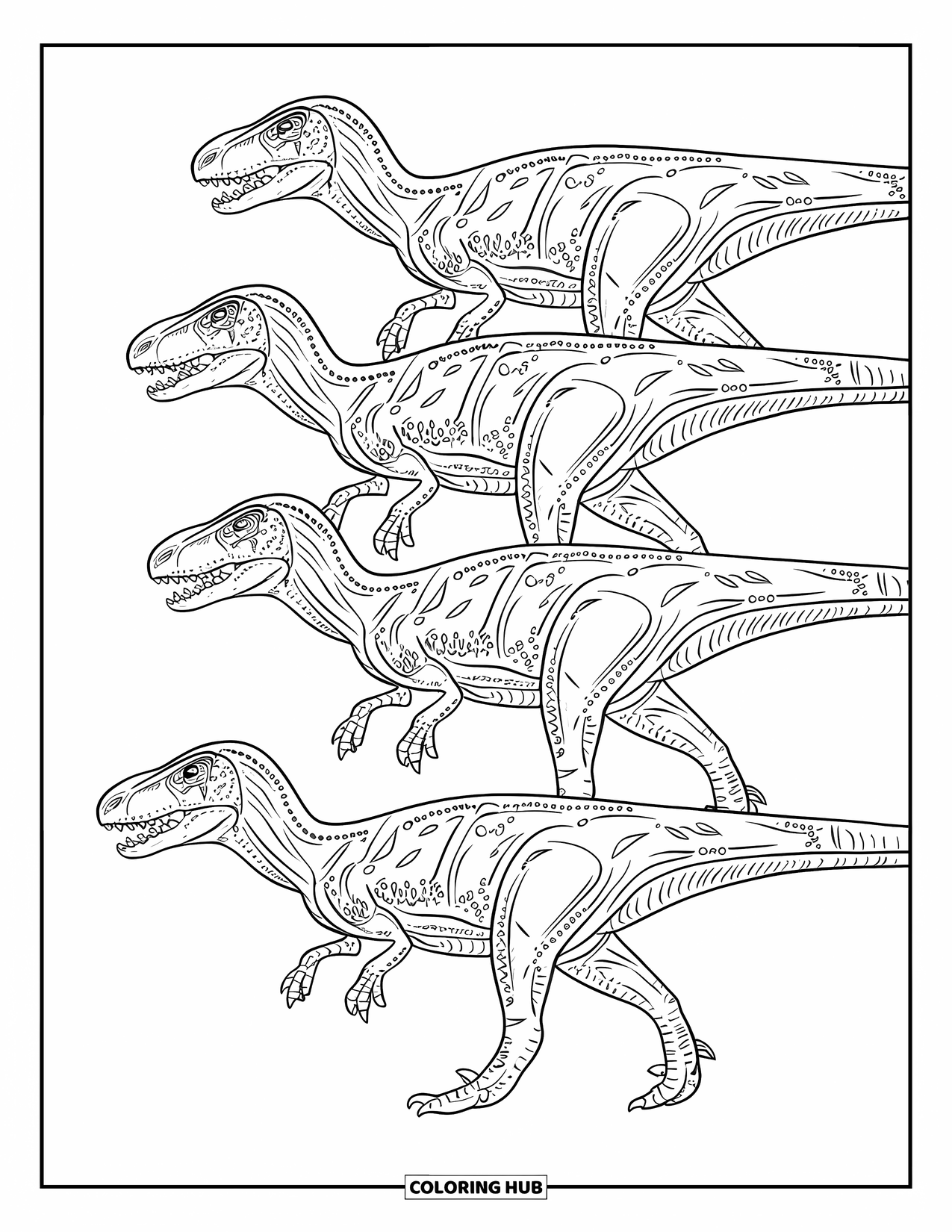 Dinosaur Kleurplaat voor Volwassenen: Een groep Velociraptors beweegt synchroon met ingewikkelde patronen op hun lichamen