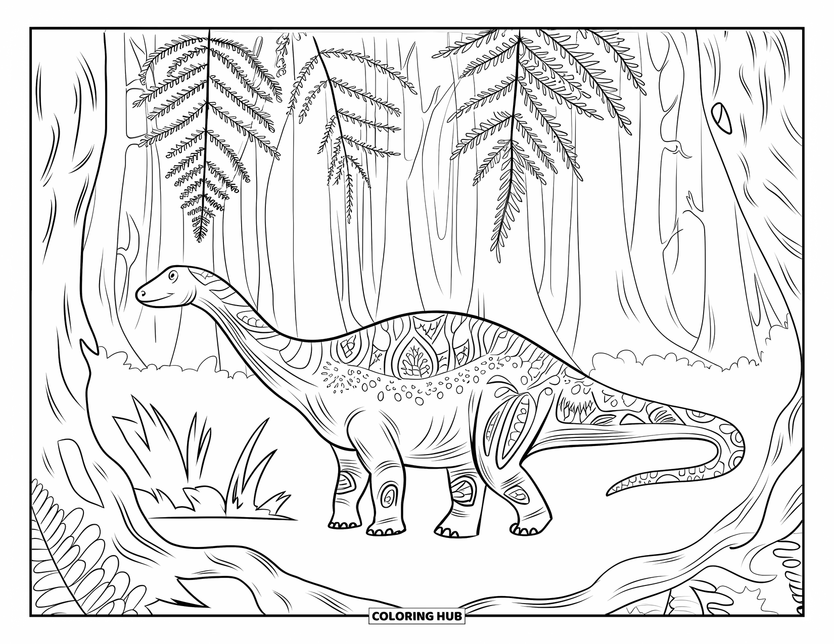 Dinosaurus Kleurplaat voor Volwassenen: Een Parasaurolophus met filigraan details staat in een dicht oerbos