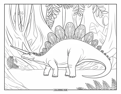 Dinoszaurusz kifestő felnőtteknek: Egy filigrán mintás Parasaurolophus csavarodó gyökerű erdőben áll