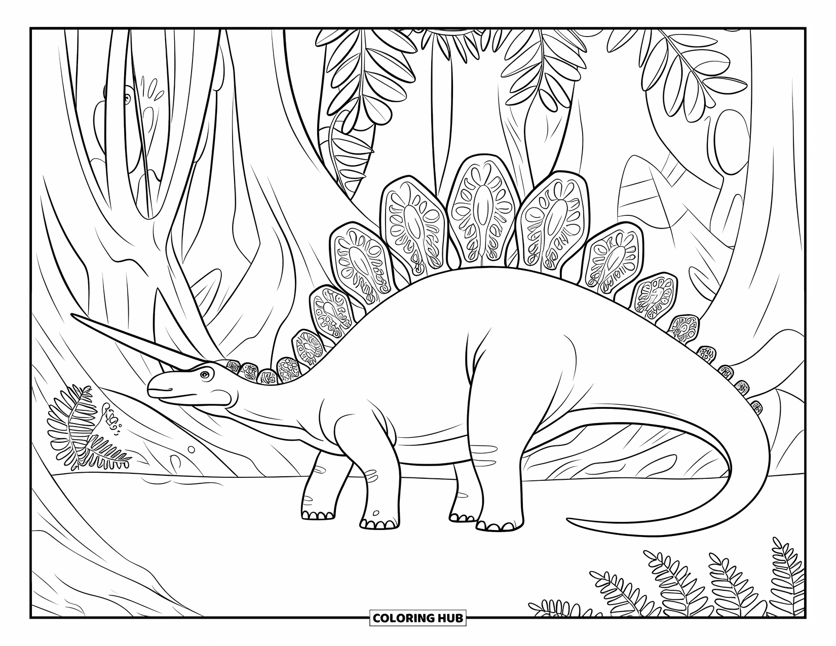 Dinosaurus Kleurplaat voor Volwassenen: Een Parasaurolophus met filigraan details staat in een bos met kronkelende wortels