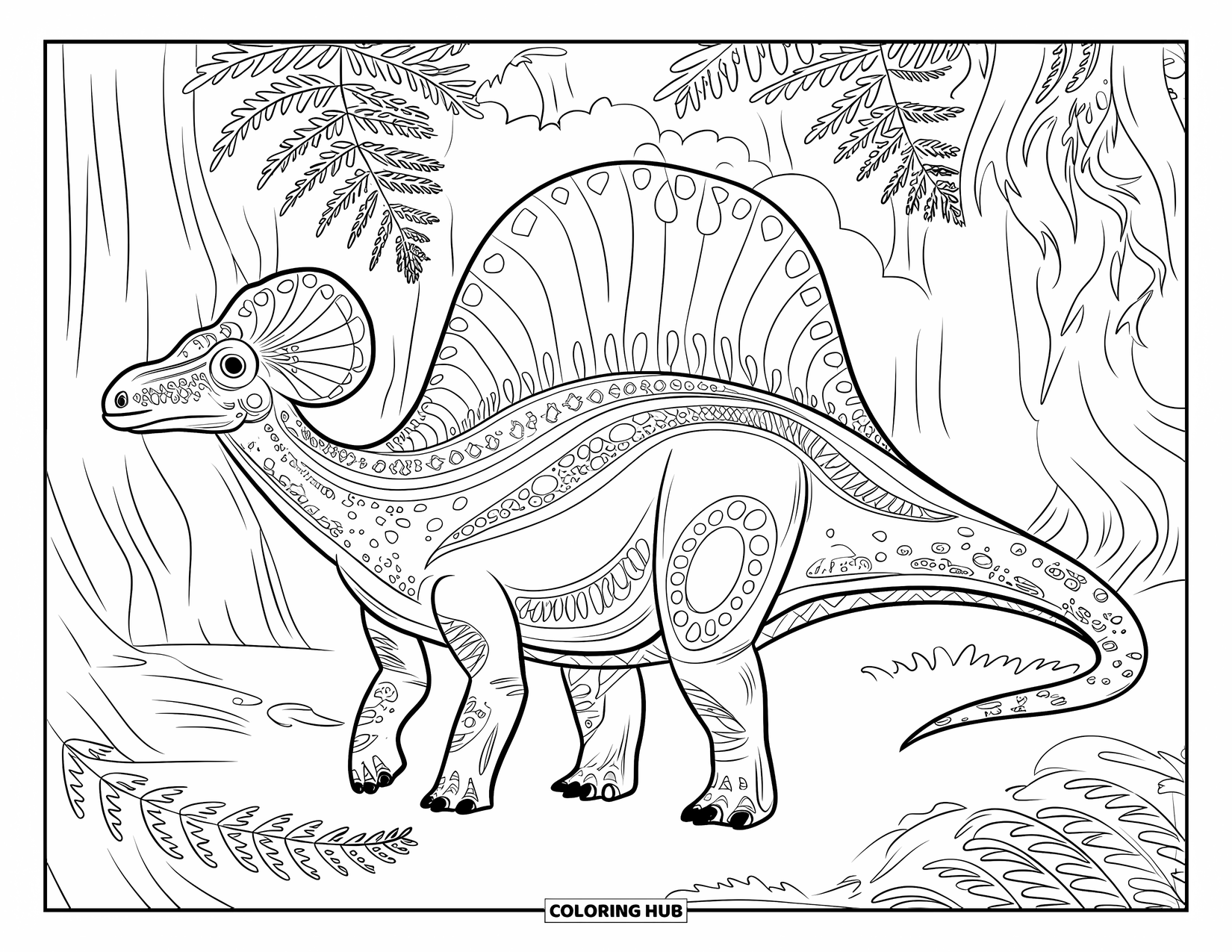 Dinosaurus Kleurplaat voor Volwassenen: Een Parasaurolophus met patronen staat tussen varens en kronkelende wortels