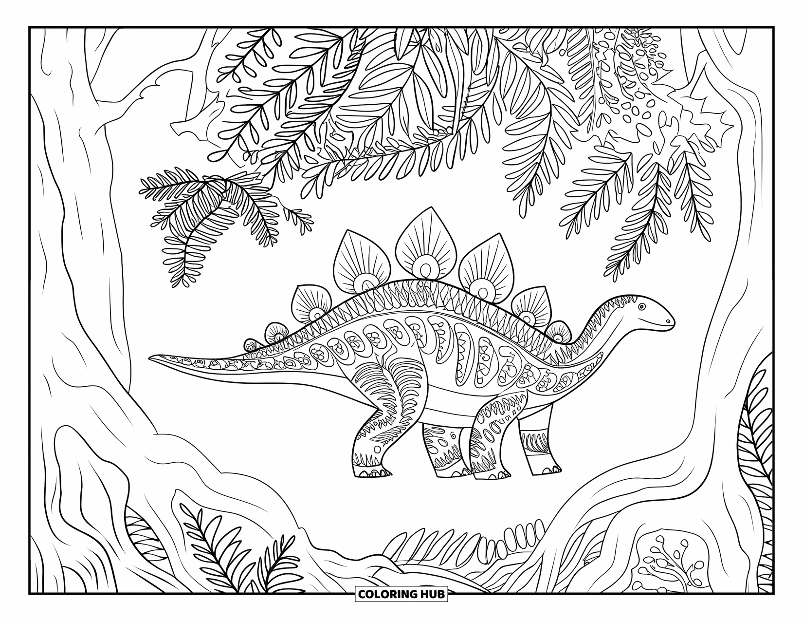 Dinosaurus Kleurplaat voor Volwassenen: Een Parasaurolophus met patronen staat in een bos van varens en wortels