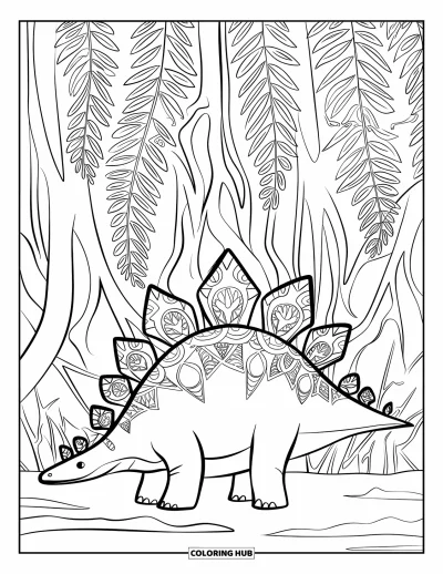 Dinoszaurusz kifestő felnőtteknek: Egy díszes Stegosaurus páfrányok mellett áll, körülötte bonyolult gyökerek