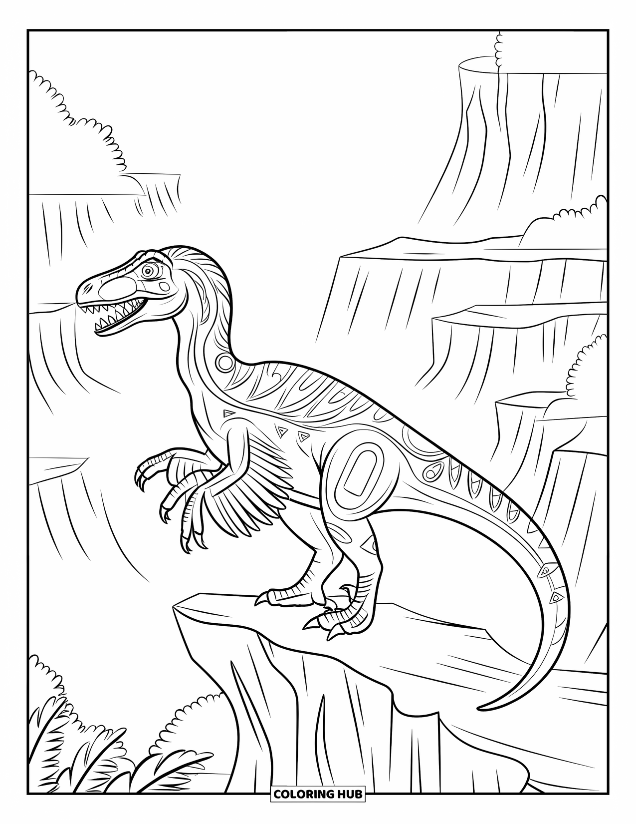 Dinosaur Kleurplaat voor Volwassenen: Een Velociraptor met patronen zit op een richel met uitzicht op een mistige vallei