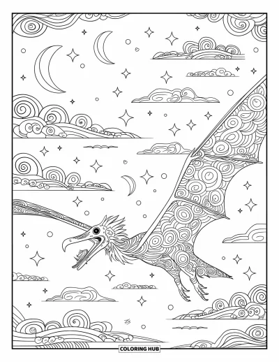 Dinoszaurusz kifestő felnőtteknek: Egy Pteranodon csillagos égen repül, felhők és félholdak között