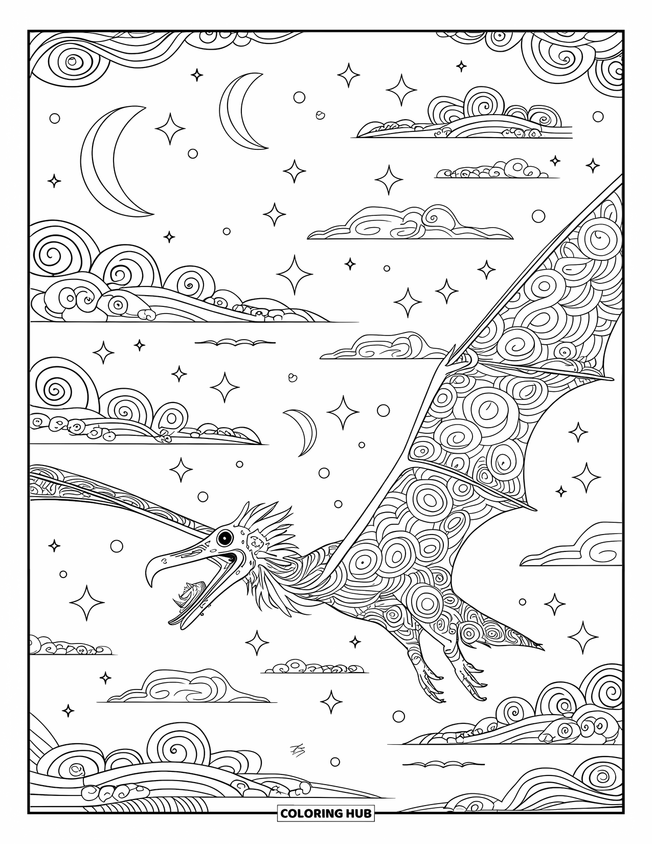 Dinosaurus Kleurplaat voor Volwassenen: Een Pteranodon vliegt door een sterrenhemel met wolken en halve manen