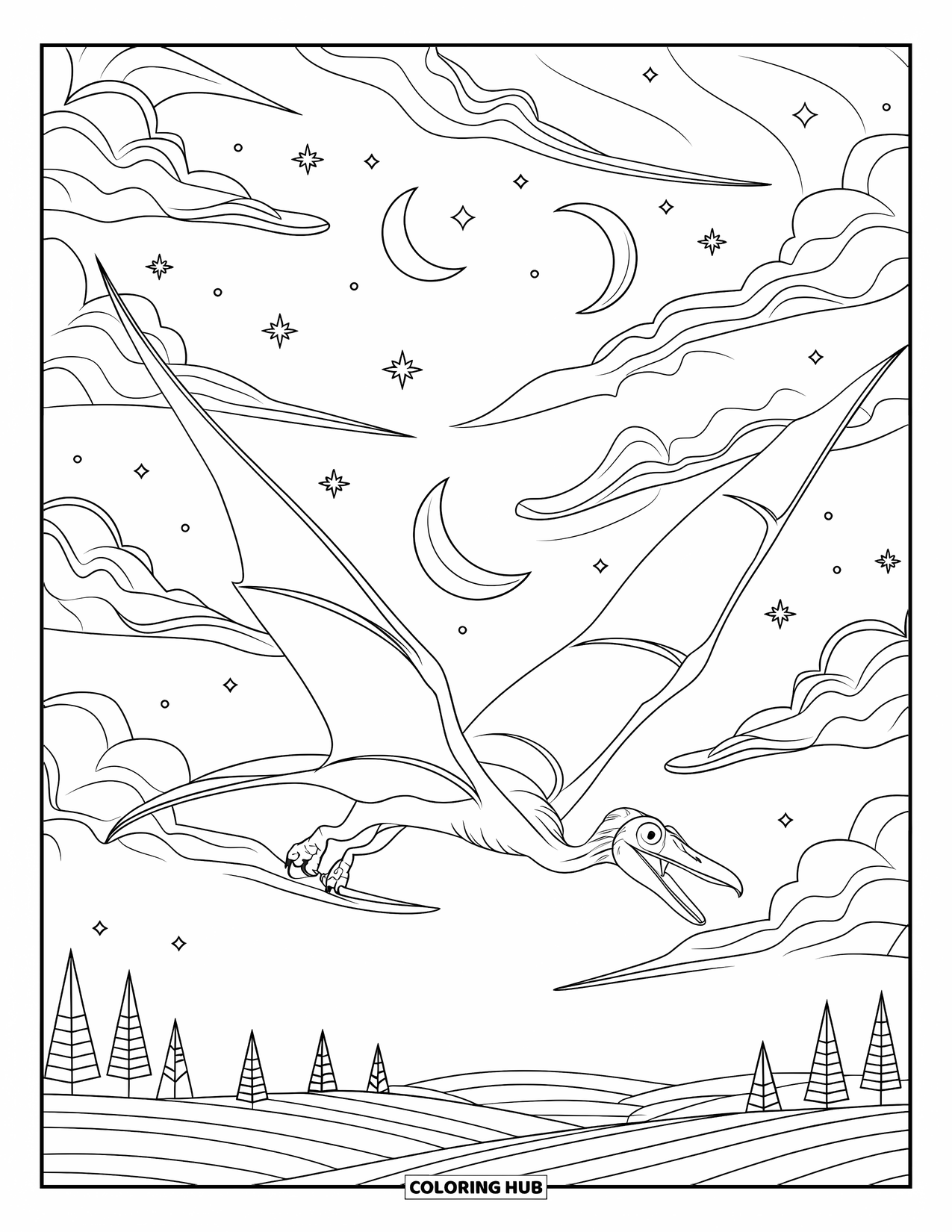 Dinosaur Kleurplaat voor Volwassenen: Een Pteranodon zweeft door een nachtelijke hemel met wervelende wolken en sterren