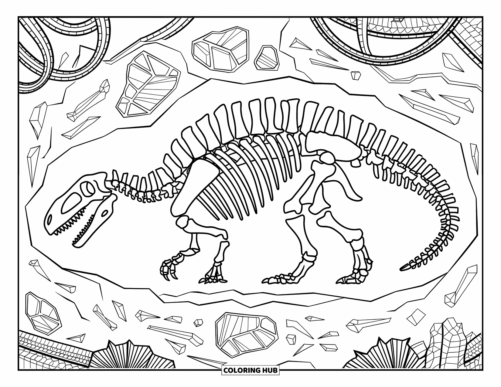 Dinosaurus Kleurplaat voor Volwassenen: Een skelet in rots met fossielen en oude runen gegraveerd in de steen