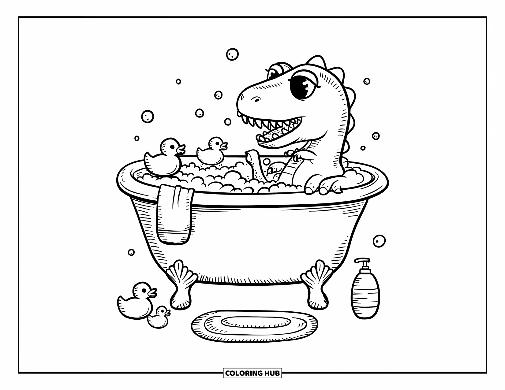 Dinosaur Kleurplaat voor Volwassenen: Een lachende dino neemt een bubbelbad met rubberen eendjes die in de buurt drijven