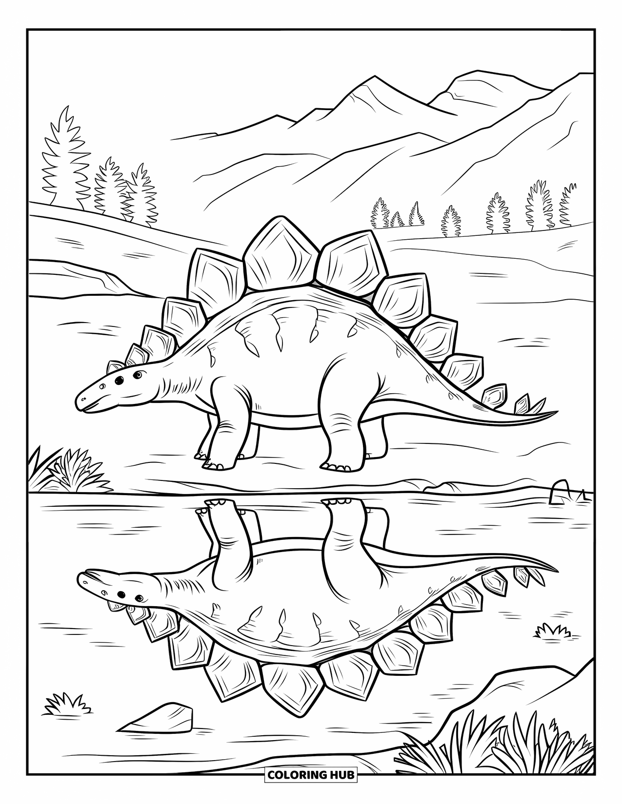 Dinosaurus Kleurplaat voor Volwassenen: Een Stegosaurus aan een rivieroever reflecteert artistieke patronen op zijn platen