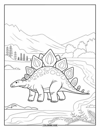 Dinoszaurusz kifestő felnőtteknek: Egy Stegosaurus a folyóparton áll, tükörképe különféle mintákat mutat