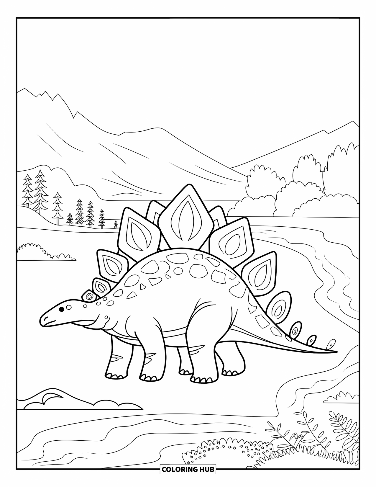 Dinosaurus Kleurplaat voor Volwassenen: Een Stegosaurus aan een rivieroever toont verschillende patronen in zijn reflectie