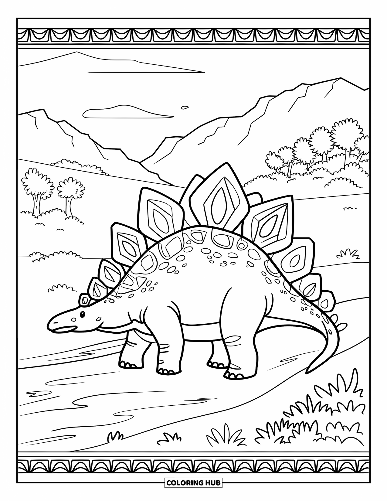 Dinosaur Kleurplaat voor Volwassenen: Een Stegosaurus staat bij een rivieroever met platen met patronen en een rand