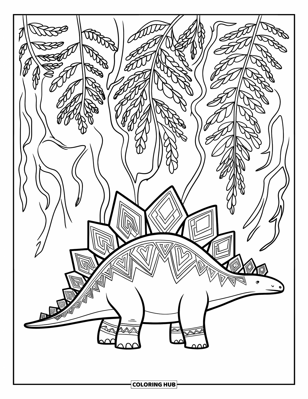 Dinosaur Kleurplaat voor Volwassenen: Een Stegosaurus met platen met patronen staat tussen varens en kronkelende wortels