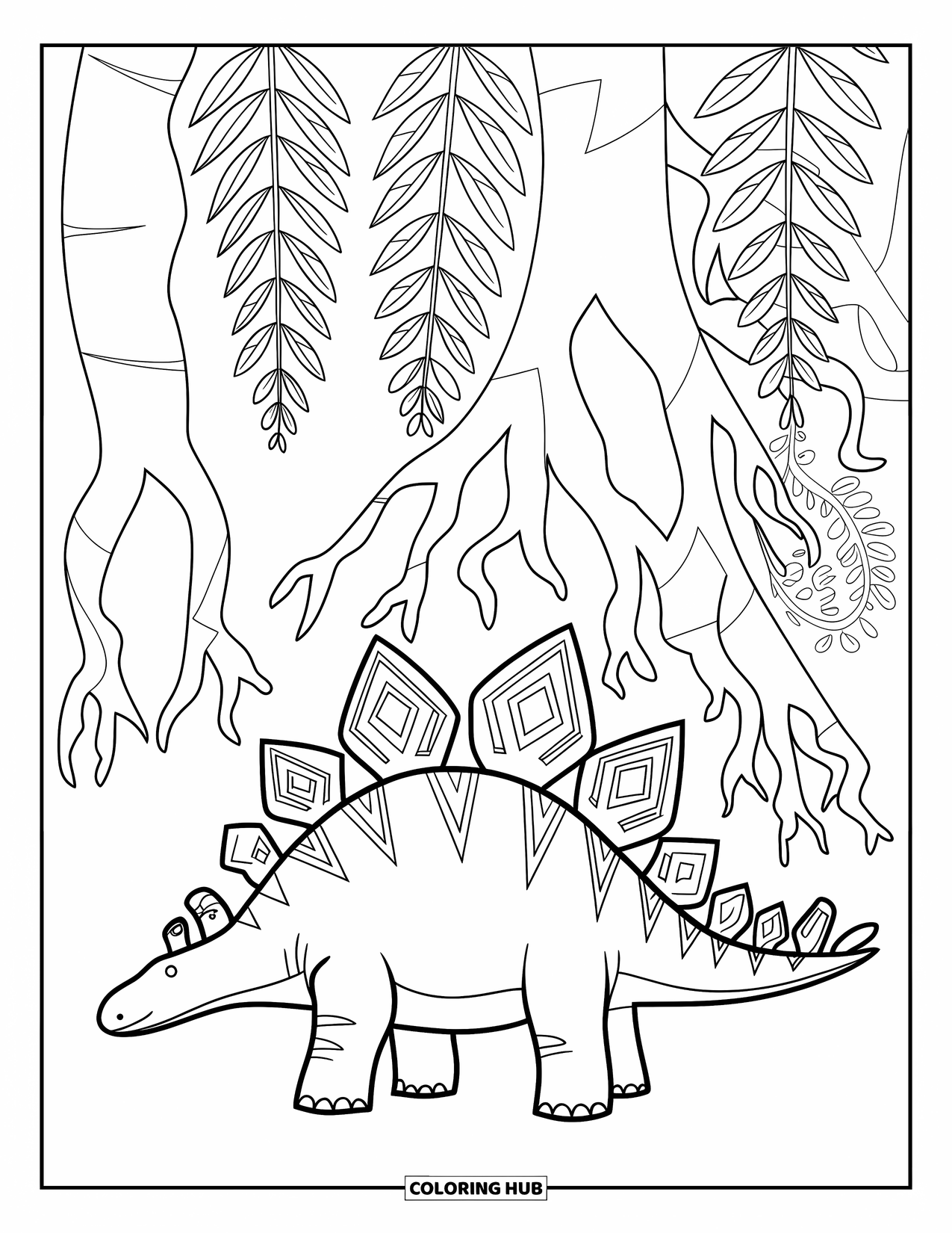 Dinosaurus Kleurplaat voor Volwassenen: Een Stegosaurus met tribale ontwerpen staat tegen varens en kronkelende wortels