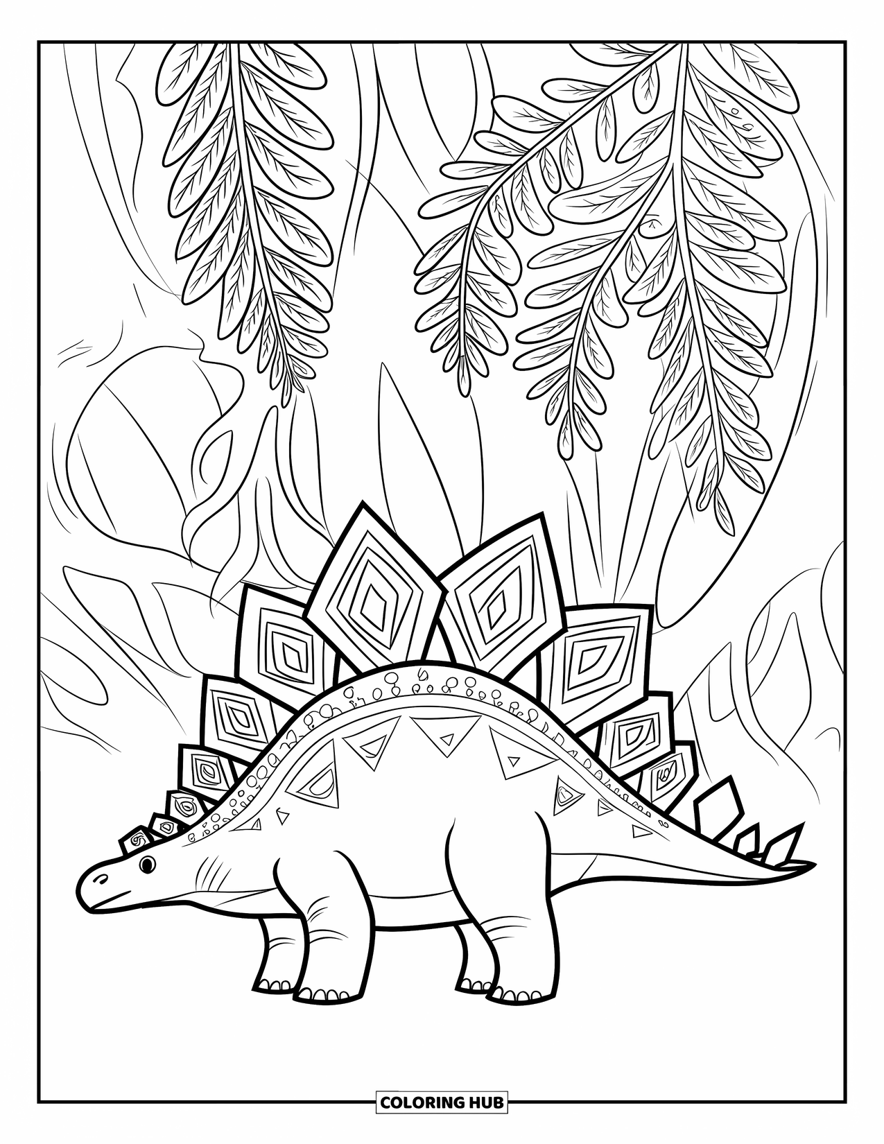 Dinosaur Kleurplaat voor Volwassenen: Een Stegosaurus met tribale patronen op zijn platen staat bij varens en wortels