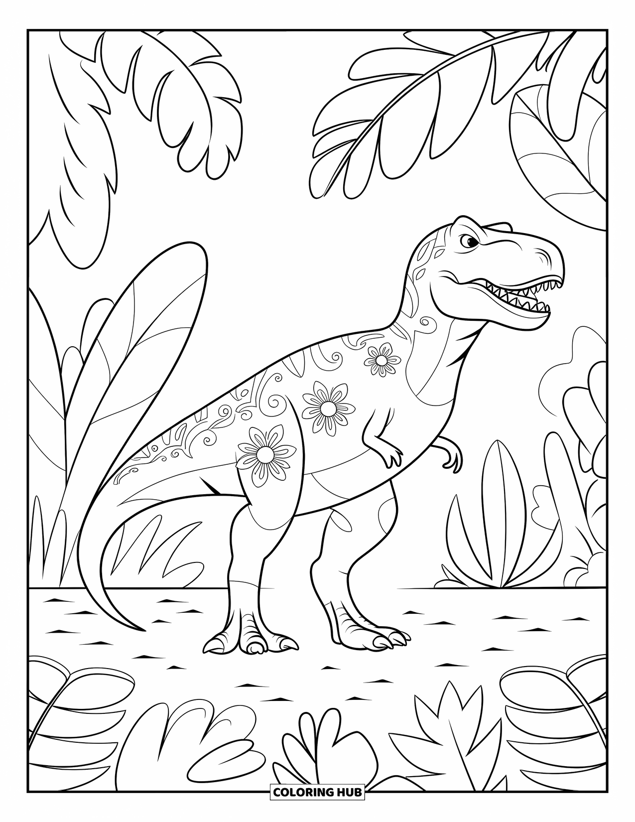 Dinosaur Kleurplaat voor Volwassenen: Een T-Rex versierd met bloemmotieven staat in een dichtbegroeide jungle