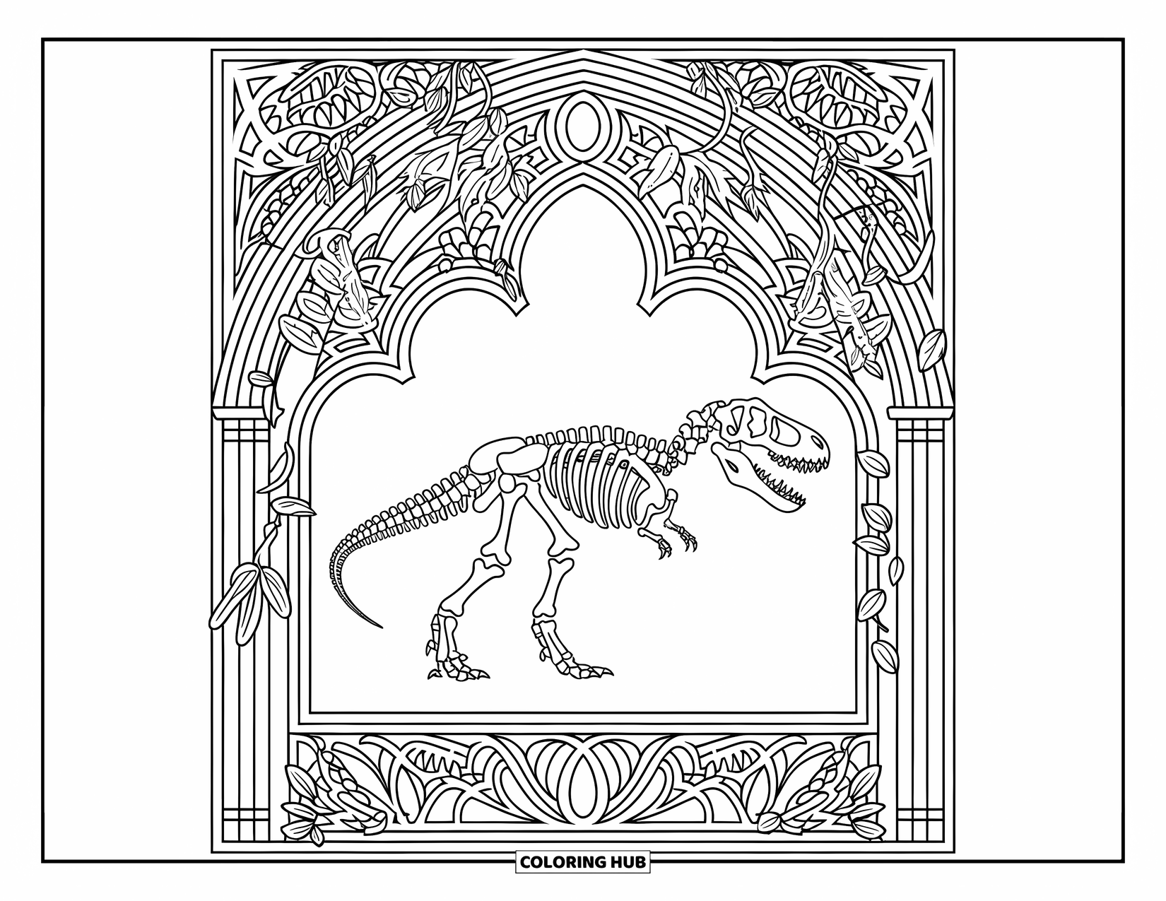 Dinosaurus Kleurplaat voor Volwassenen: Een T-Rex skelet omlijst door wijnranken en schedels in een gotische rand
