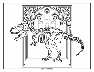 Dinoszaurusz kifestő felnőtteknek: Egy gótikus keretű T-Rex csontváz egy részletgazdag kastély előtt áll