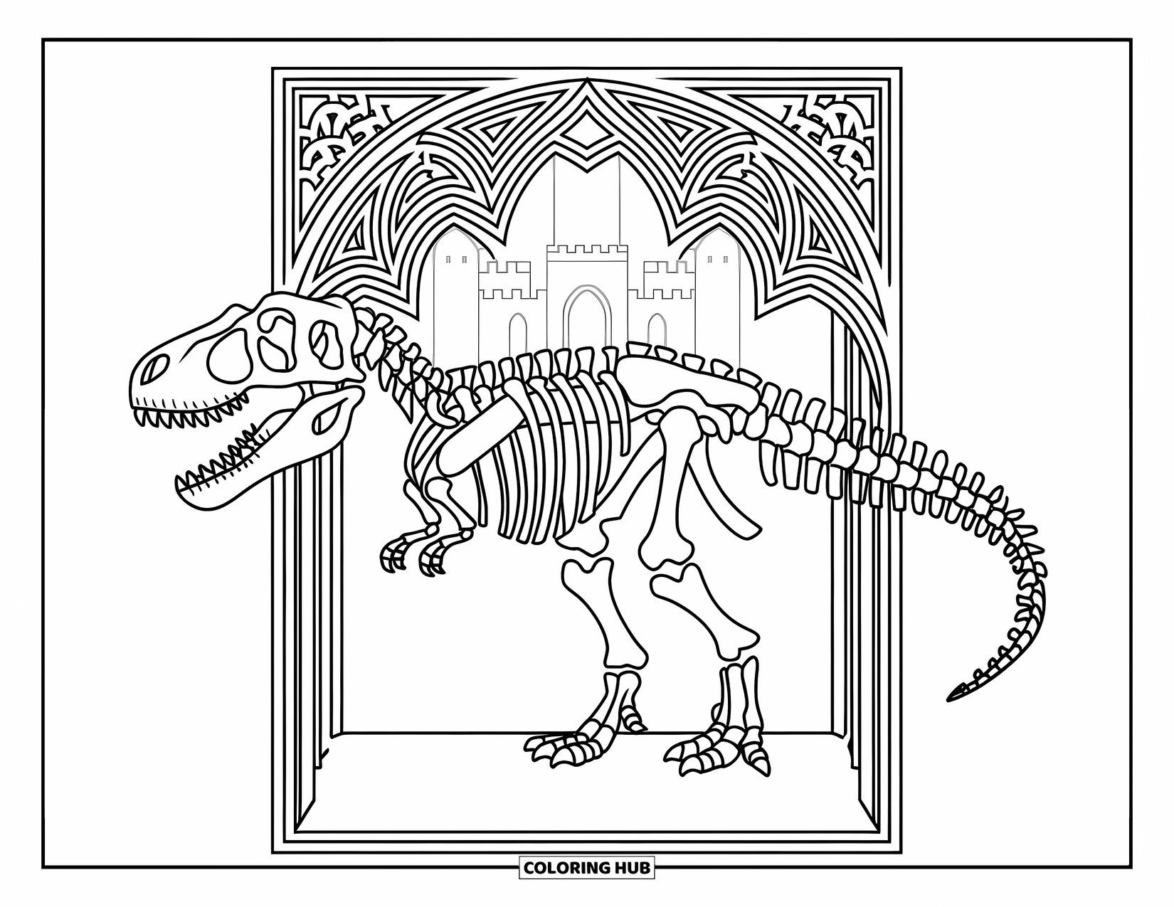 Dinosaurus Kleurplaat voor Volwassenen: Een T-Rex skelet met een gotische rand staat voor een gedetailleerd kasteel