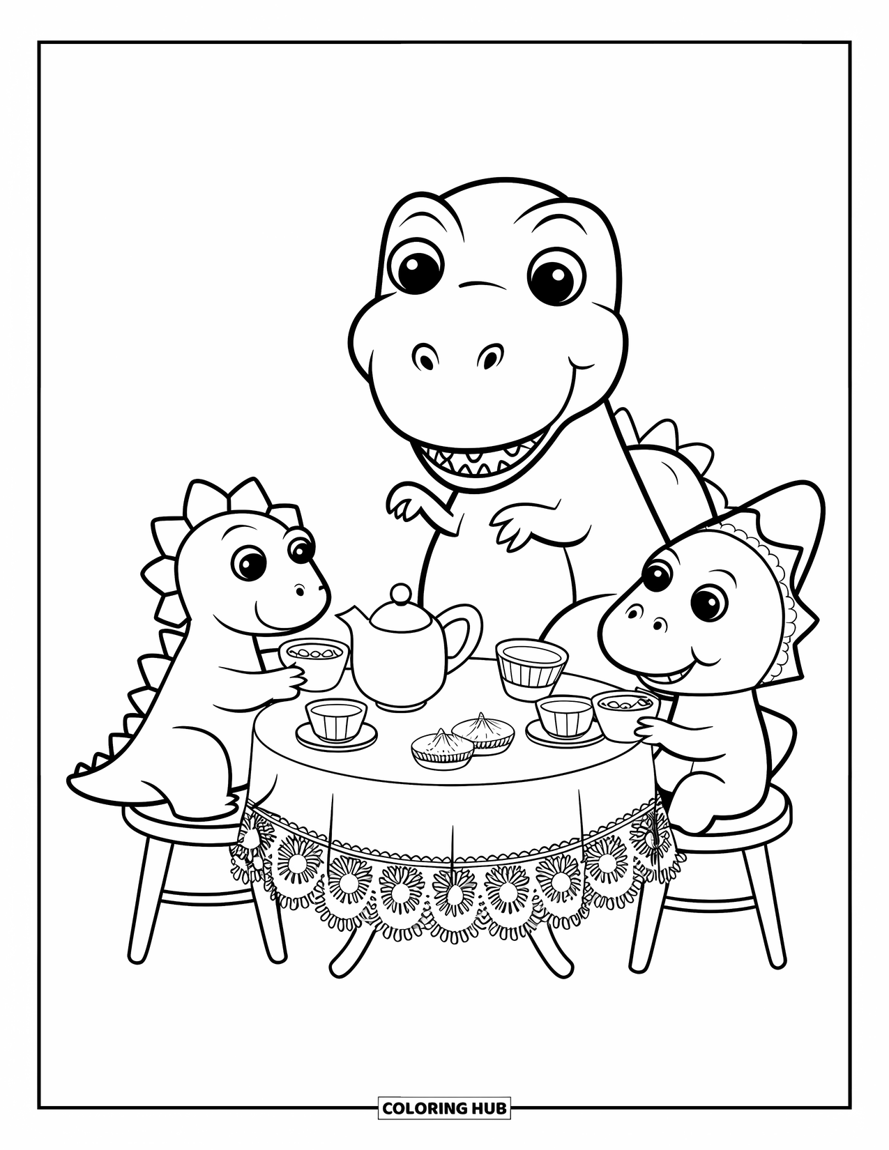Dinosaur Kleurplaat voor Volwassenen: Een T-Rex, Stegosaurus en Triceratops drinken thee met cupcakes en sandwiches