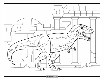 Dinoszaurusz kifestő felnőtteknek: Egy repedezett, mohás T-Rex templomromok és oszlopok előtt áll