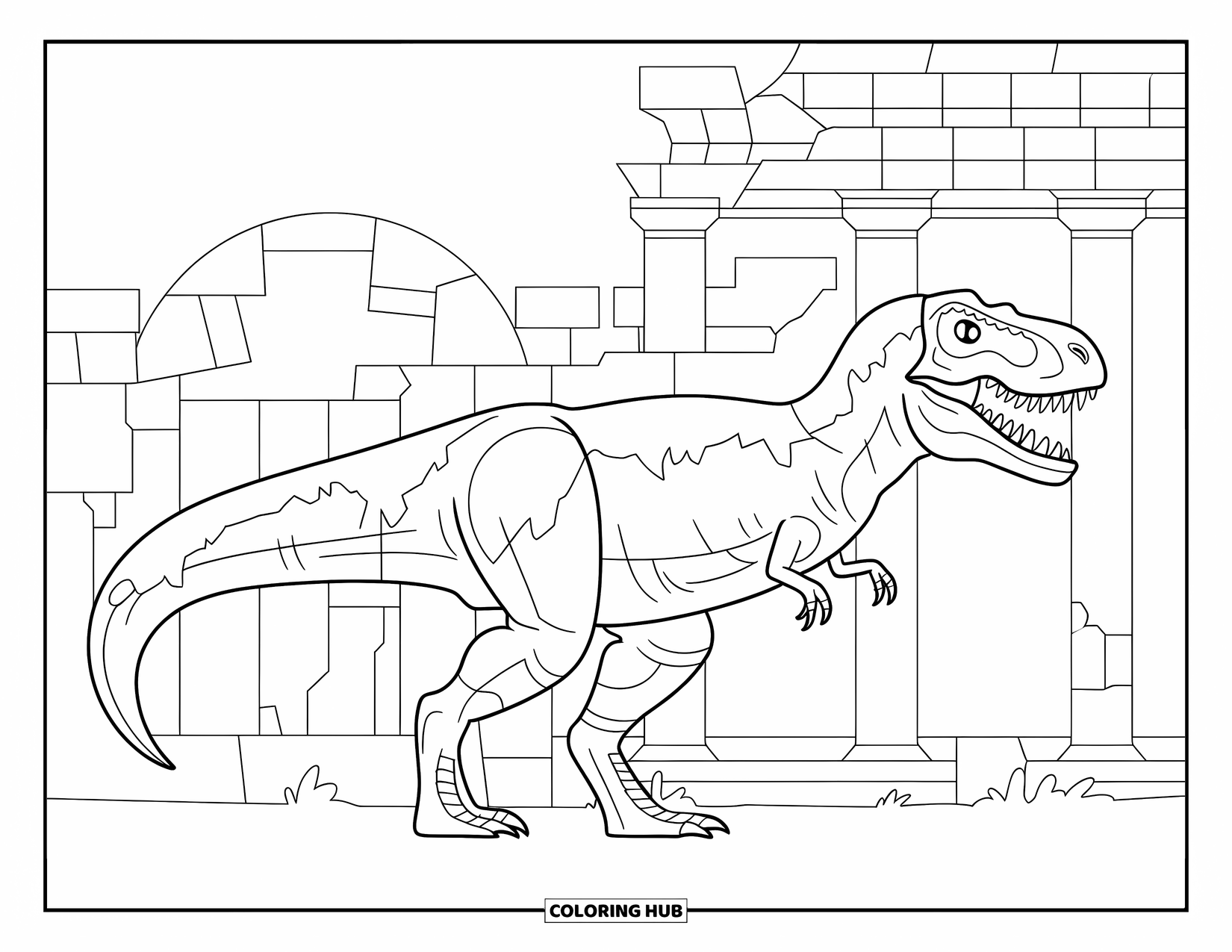 Dinosaurus Kleurplaat voor Volwassenen: Een T-Rex met scheuren en mos staat tegen tempelruïnes met zuilen