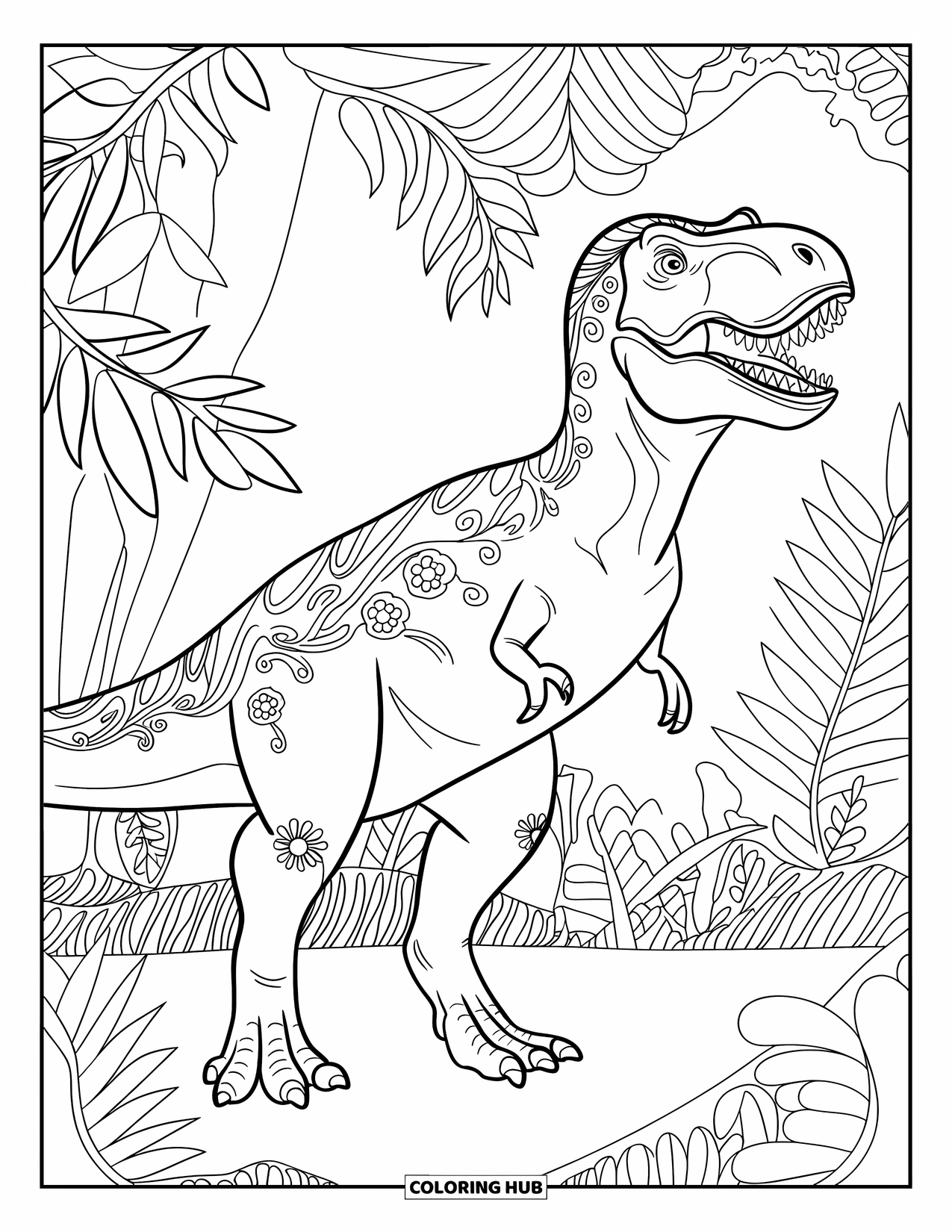 Dinosaurus Kleurplaat voor Volwassenen: Een T-Rex met bloemenpatronen staat in een dicht oerwoud