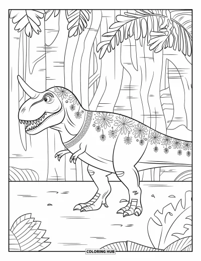 Dinoszaurusz kifestő felnőtteknek: Egy örvénylő mintájú T-Rex dzsungelben áll leveles növények közt