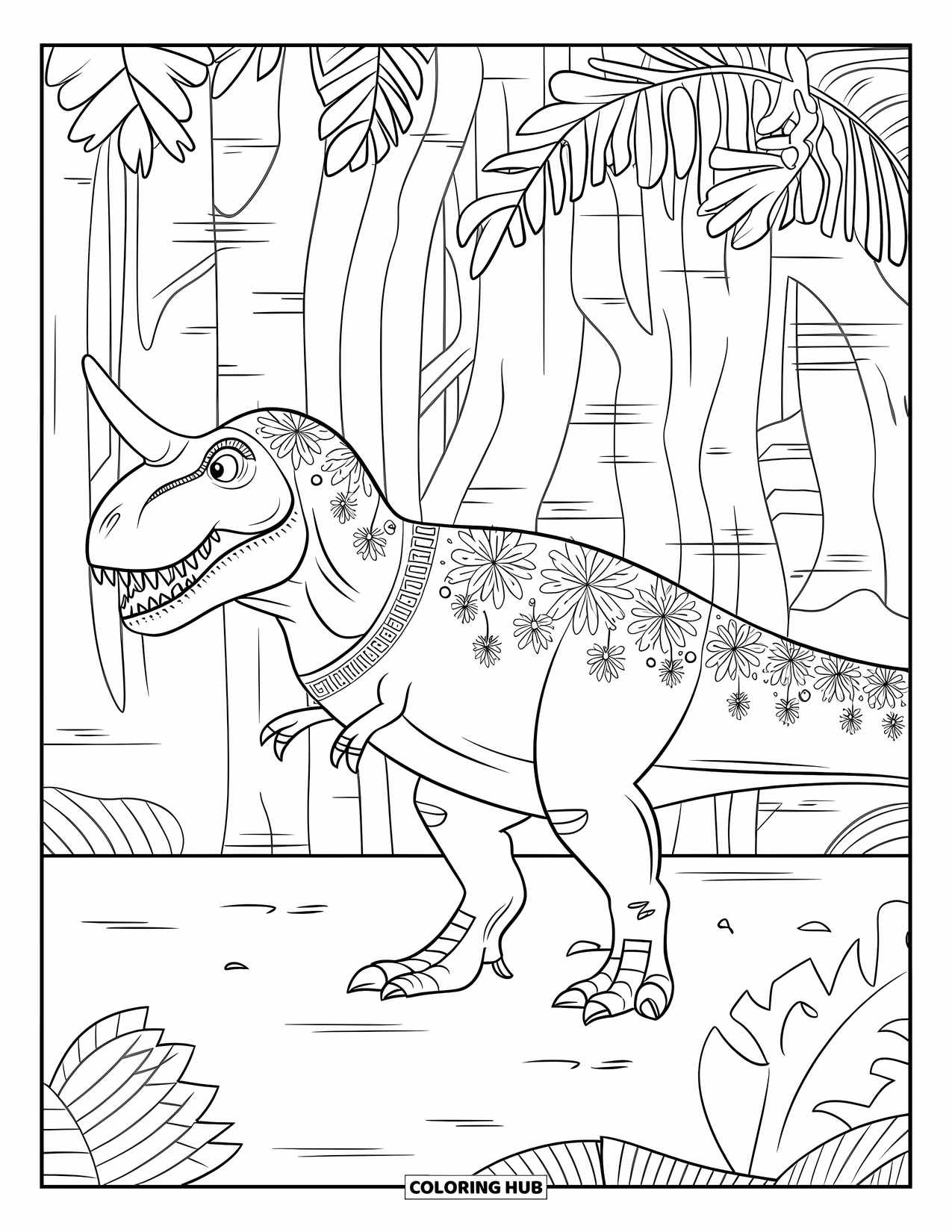 Dinosaur Kleurplaat voor Volwassenen: Een T-Rex met wervelende patronen staat in een jungle met groene planten