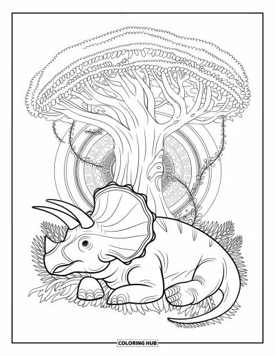 Dinoszaurusz kifestő felnőtteknek: Egy Triceratops békésen pihen egy részletgazdag ősi fa alatt