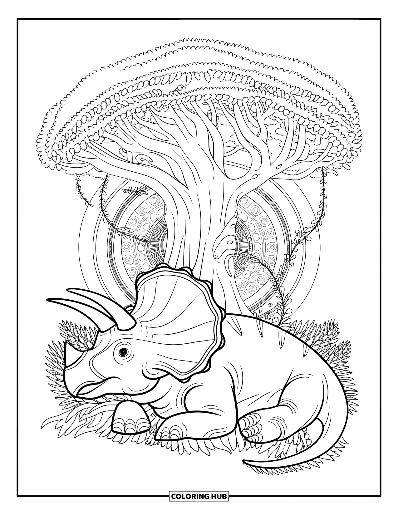 Dinosaurus Kleurplaat voor Volwassenen: Een Triceratops rust vredig onder een gedetailleerde oude boom